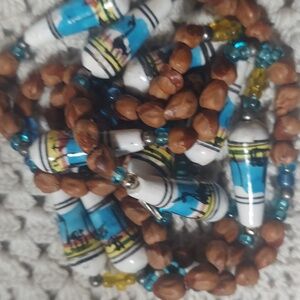 Vintage Necklace Hand Painted Peruvian Ceramic  & Wooden Beaded necklace 34"